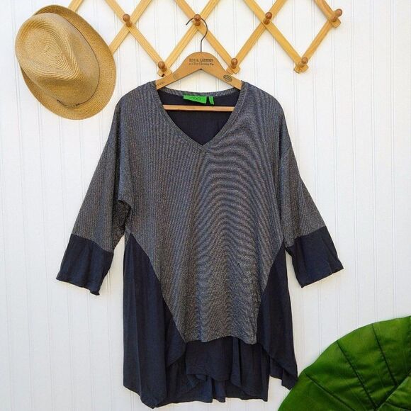 LOGO Lori Goldstein V Neck Metallic Stripe Layered Tunic Top Size S Silver Gray - Picture 1 of 5